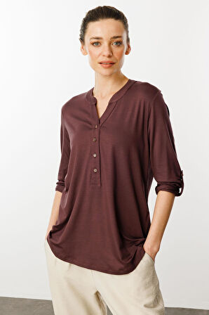Kadın Açma Yaka Önü Düğmeli Penye Bluz Kahve