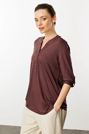 Kadın Açma Yaka Önü Düğmeli Penye Bluz Kahve