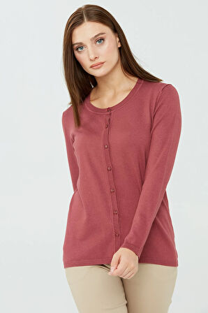 Kadın Likralı Basic Uzun Kollu Sıfır Yaka Hırka Gül Kurusu