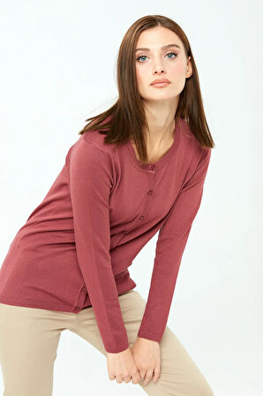 Kadın Likralı Basic Uzun Kollu Sıfır Yaka Hırka Gül Kurusu