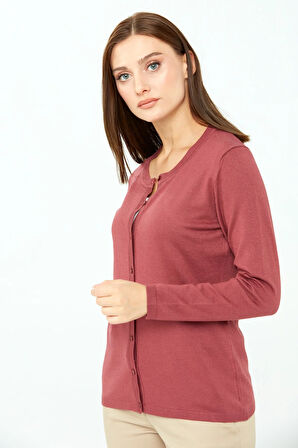 Kadın Likralı Basic Uzun Kollu Sıfır Yaka Hırka Gül Kurusu