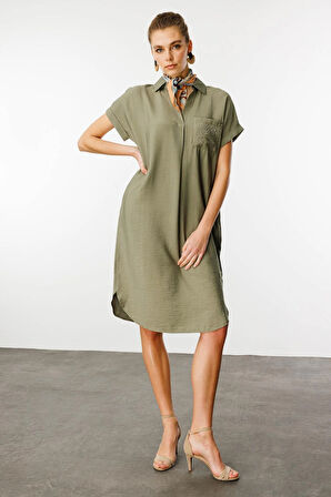 Kadın Polo Yaka Cebi Zincir Detaylı Elbise Haki