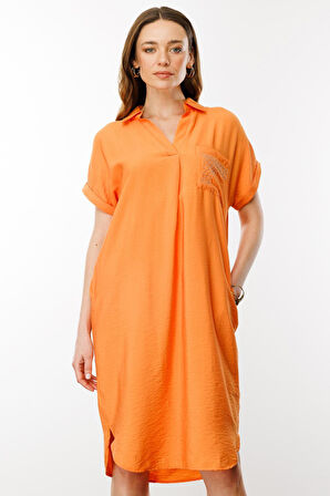 Kadın Polo Yaka Cebi Zincir Detaylı Elbise Oranj