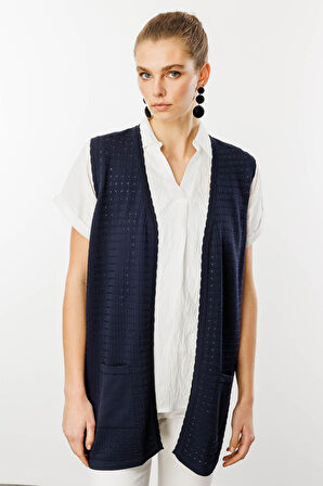 Kadın Kare Örgülü Uzun Triko Yelek Lacivert