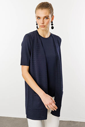 Kadın Kare Örgülü Uzun Triko Yelek Lacivert