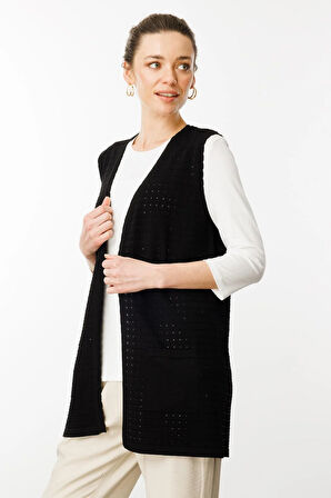 Kadın Kare Örgülü Uzun Triko Yelek Siyah