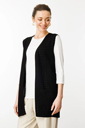 Kadın Kare Örgülü Uzun Triko Yelek Siyah