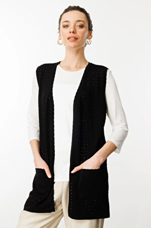 Kadın Kare Örgülü Uzun Triko Yelek Siyah