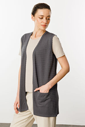 Kadın Kare Örgülü Uzun Triko Yelek Antrasit