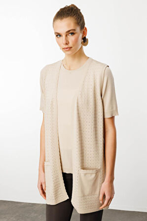 Kadın Kare Örgülü Uzun Triko Yelek Bej