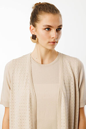 Kadın Kare Örgülü Uzun Triko Yelek Bej