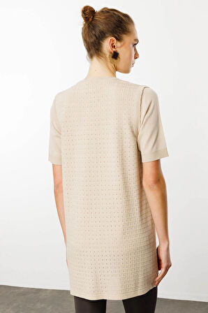 Kadın Kare Örgülü Uzun Triko Yelek Bej