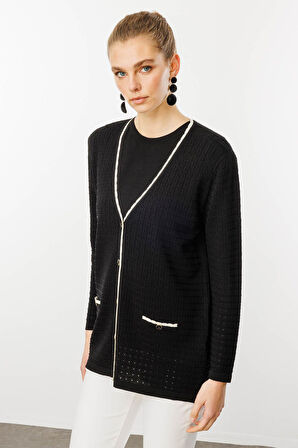 Kadın Kare Örgülü Yazlık Triko Hırka Siyah