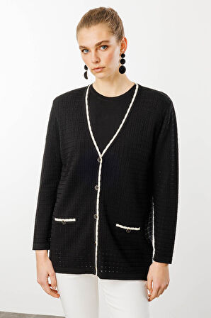 Kadın Kare Örgülü Yazlık Triko Hırka Siyah