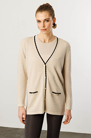 Kadın Kare Örgülü Yazlık Triko Hırka Bej