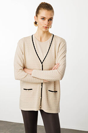 Kadın Kare Örgülü Yazlık Triko Hırka Bej