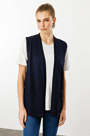 Kadın Cepli Yazlık Triko Yelek Lacivert