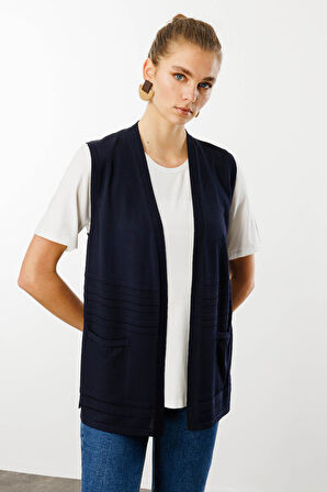Kadın Cepli Yazlık Triko Yelek Lacivert
