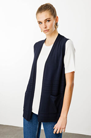 Kadın Cepli Yazlık Triko Yelek Lacivert