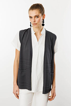 Kadın Cepli Yazlık Triko Yelek Gri