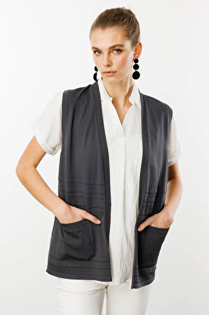 Kadın Cepli Yazlık Triko Yelek Gri