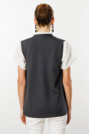 Kadın Cepli Yazlık Triko Yelek Gri