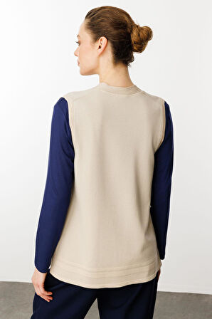 Kadın Cepli Yazlık Triko Yelek Bej