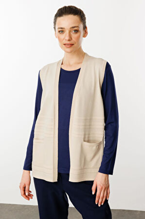 Kadın Cepli Yazlık Triko Yelek Bej