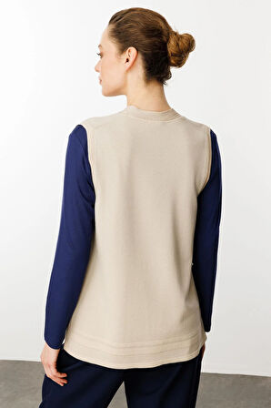 Kadın Cepli Yazlık Triko Yelek Bej