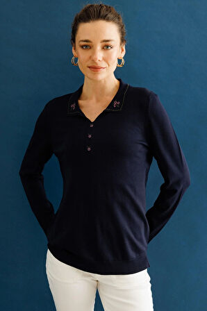 Kadın Polo Yaka Yakası Nakışlı Bluz Lacivert
