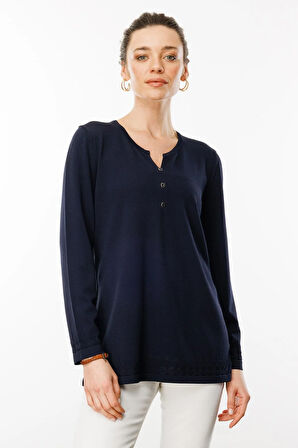 Kadın Açma Yaka Düğmeli Triko Bluz Lacivert