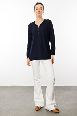 Kadın Açma Yaka Düğmeli Triko Bluz Lacivert