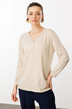 Kadın Açma Yaka Düğmeli Triko Bluz Bej
