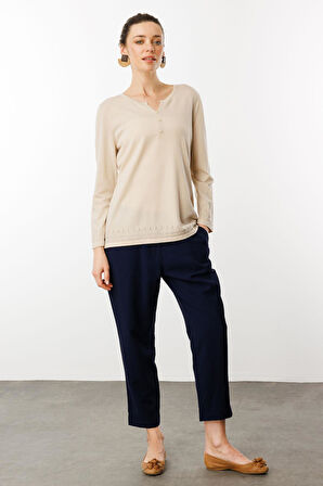 Kadın Açma Yaka Düğmeli Triko Bluz Bej