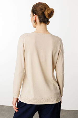 Kadın Açma Yaka Düğmeli Triko Bluz Bej
