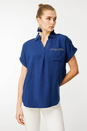 Kadın Polo Yaka Düşük Kol Gömlek Lacivert