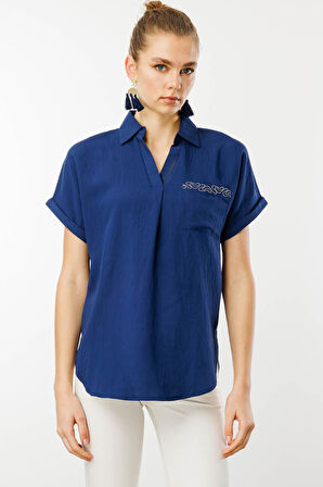 Kadın Polo Yaka Düşük Kol Gömlek Lacivert