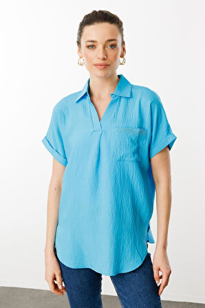 Kadın Polo Yaka Düşük Kol Gömlek Mavi