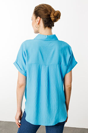 Kadın Polo Yaka Düşük Kol Gömlek Mavi