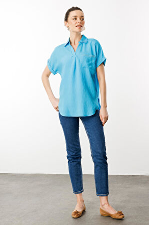 Kadın Polo Yaka Düşük Kol Gömlek Mavi