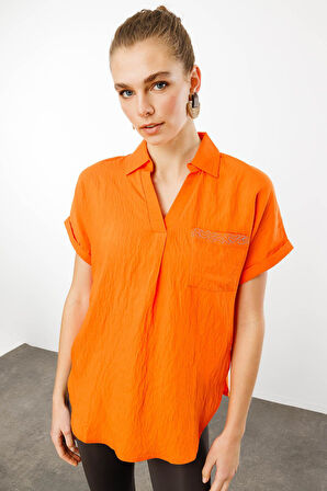 Kadın Polo Yaka Düşük Kol Gömlek Oranj