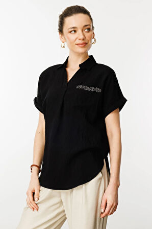 Kadın Polo Yaka Düşük Kol Gömlek Siyah