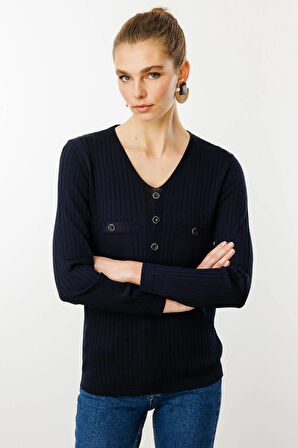 Kadın V Yaka Fitilli Triko Bluz Lacivert
