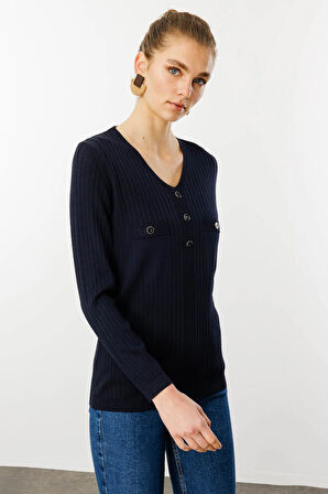 Kadın V Yaka Fitilli Triko Bluz Lacivert