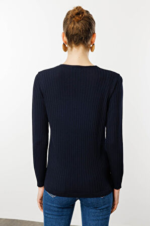 Kadın V Yaka Fitilli Triko Bluz Lacivert