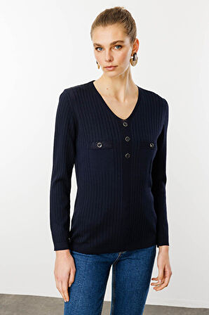 Kadın V Yaka Fitilli Triko Bluz Lacivert