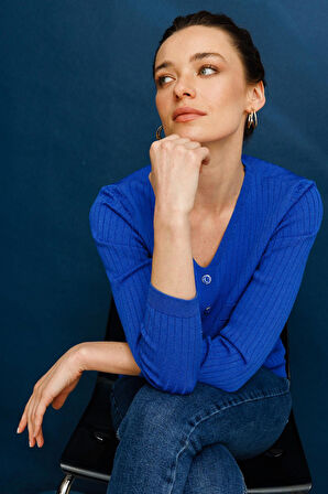 Kadın V Yaka Fitilli Triko Bluz Saks