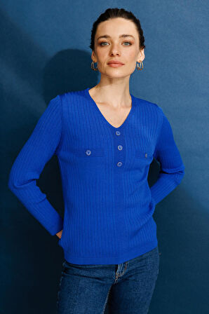 Kadın V Yaka Fitilli Triko Bluz Saks