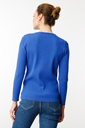 Kadın V Yaka Fitilli Triko Bluz Saks