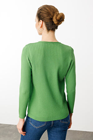 Kadın V Yaka Fitilli Triko Bluz Yosun